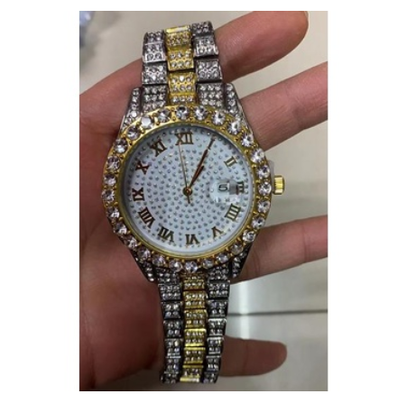 new rhinestone starry hip hop men's watch magnifying glass calendar full diamond roman scale alloy steel band watch men F7