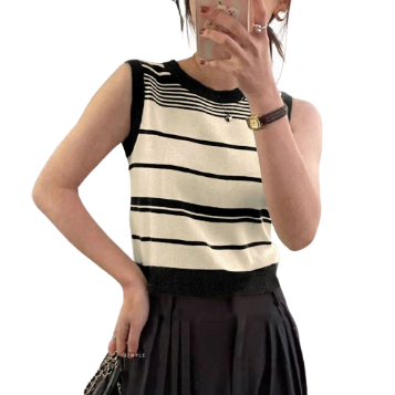 Lovito Casual Striped Contrast Collar Sleeveless Knit Top for Women LNA07134 (Black and White)