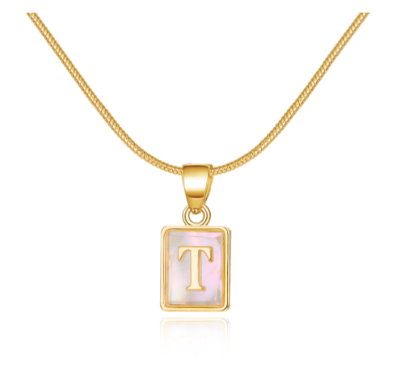 18K Gold 26 Letter Square Pearl Shell Pendant Snake Bone Chain Glow Necklace English Letter Pendant Necklace Gold Shiny T