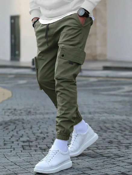 Men's Casual Cargo Pants Fashionable Zipper Pocket Workwear Trousers With Weaving Ribbon Decoration And Elastic Cuffs
