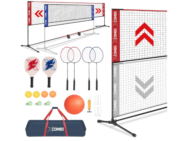 Badminton Rackets Sets for Backyards, Kids Volleyball Pickleball Combo Set with Net, Adjustable Width and Height (13.5ft/20ft Width x 7ft max Height) Freestanding Portable for Outdoor Beach