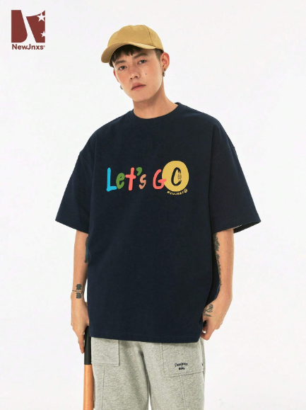 Japanese Style Color Block Letter Printed Short Sleeve T-Shirt For Men, Summer Fashion Tee