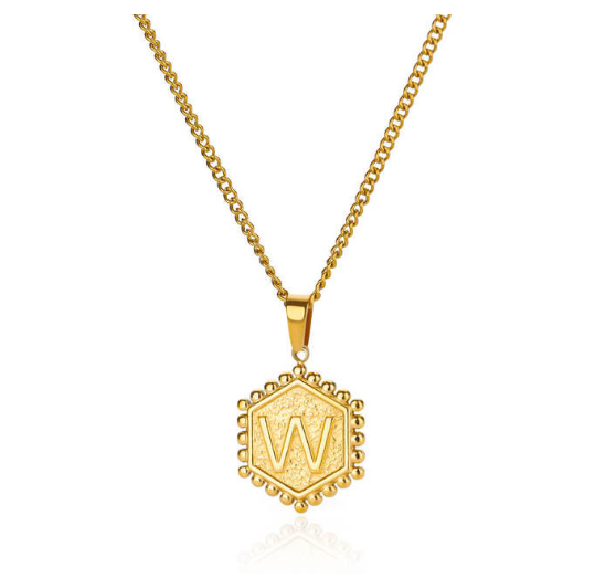 Fashion Hexagon A-Z Letter Necklaces For Women Stainless Steel Initial Hexagon Pendant Necklace W