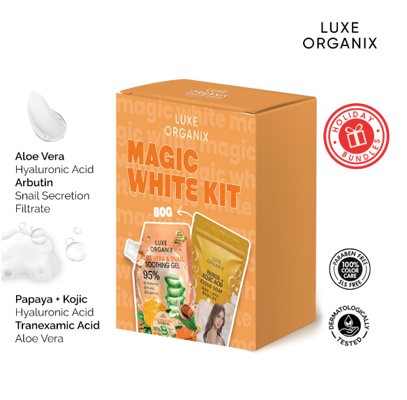 Luxe Organix Papaya Kojic Soap 80g Plus Aloe Vera and Snail Soothing Gel Sachet 100ml