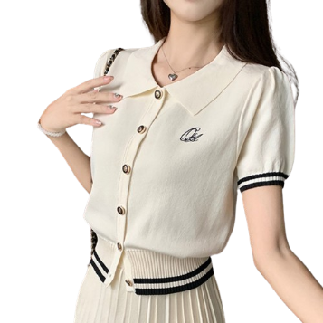 Lovito Women Short Sleeve Button Collar Cropped Knit Top LNE24090 (Apricot)