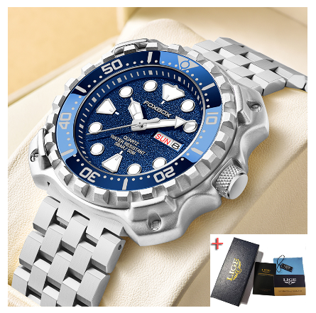 LIGE Original Men Stainless Anti-Rust Waterproof Luminous Business Watch  STEEL SILVER BLUE