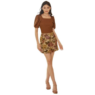 Lovito Casual Floral Split Mini Skirt For Woman L24ED027 (Brown)