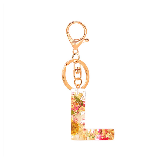 A-Z 26 Letter Pendant Keychains Resin Dried Flower Alphabet Keyring Charm Women Cute Bag Ornamant Accessories Gifts L