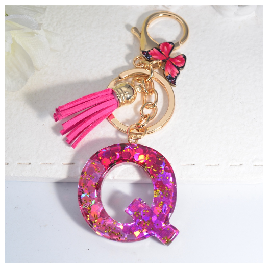 Fashion Gradient A-Z Letter Keychains Sweet Butterfly Tassels Pendant Alphabet Keyrings Name Initials Key Chains Accessories Q