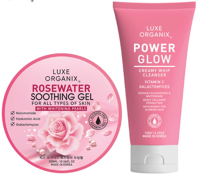 Luxe Organix Rosewater Soothing Gel 300ml & Galactomyces Brightening Vit C Cleanser 150ml Bundle