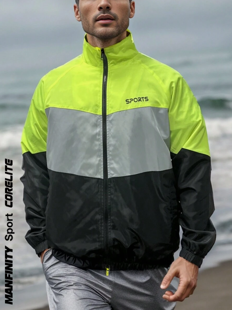 Manfinity Sport Corelite Men's Color Block Letter Print Sports Jacket Workout Tops