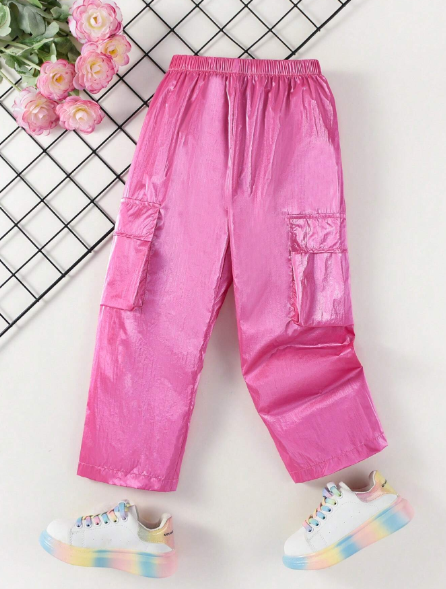 Young Girls' Fashionable Glossy Reflective Cargo Pocket Casual Pants, Spring Autumn