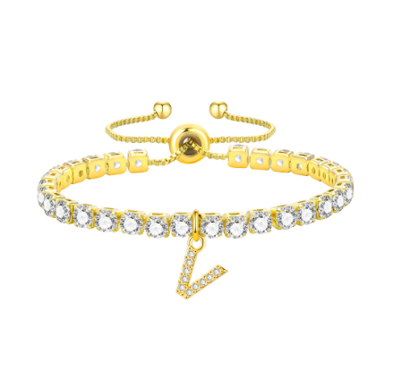 Vnox Cubic Zircon Letter Bracelet for Women Girl,18K Gold Handmade Initial Tennis Shiny Wedding Chain Link Jewelry Gift V