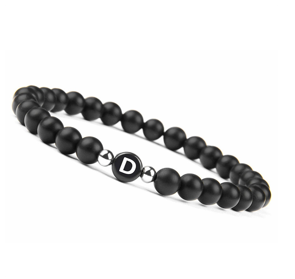 6mm Black Frosted Stone Beaded Bracelet Unisex 26 Initials Letters Name Bracelet With Elastic Rope For Couple Friendship Gifts D
