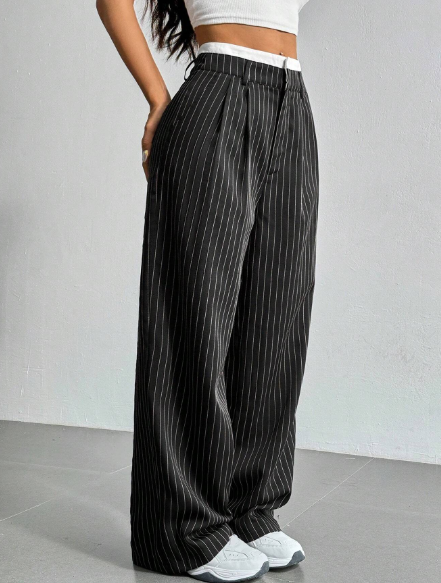 SHEIN Teen Girl's Black And White Striped Wide Leg Suit Pants With Colorblocked Waist