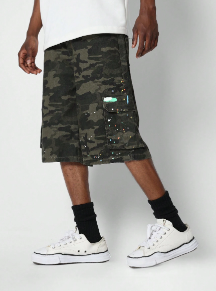 SUMWON Denim Cargo Short With All Over And Paint Print