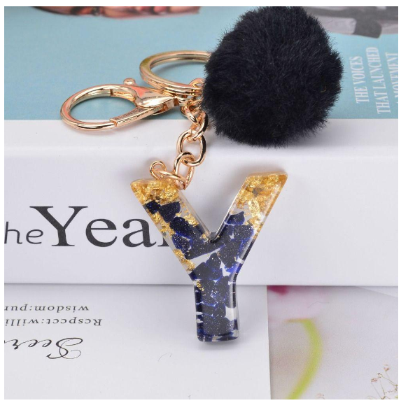 Lanfy Black Pompom Letter Keychain 26 Letter Initials Alphabet A To Z 26 Alphabet Keyring Cute A To Z 26 Black Pompom Resin Birthday Gifts Y