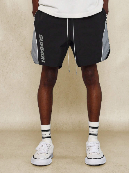 SUMWON Nylon Colour Blocked Panel Short With Piping Detail & Letter Graphic Print