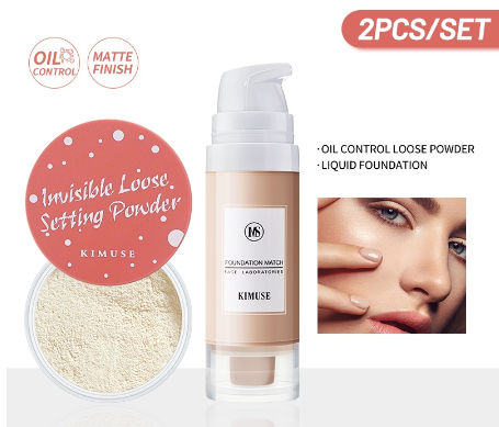 KIMUSE Waterproof Oil Control Loose Powder + 6 Colors Matte Longwear Liquid Foundation Face Makeup Set