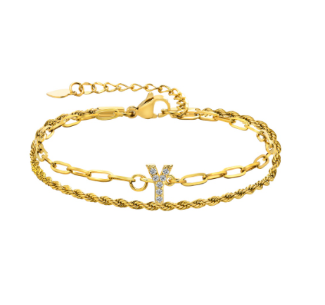 Vnox Letter Double Layer Braelet,18K Gold Fried Twistsed Paper Clip Zirconia Initial Stainless Steel Chain Link for Women Y