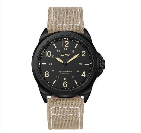 TPW Classic Field Men Watch Fabric Strap Stitched Leather Band Wristwatch 42mm Dial Watch KHAKI BLACK