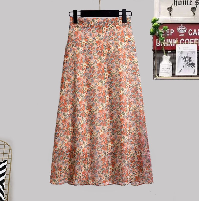 Printed Chiffon Skirt Mid-length Women's A-line Skirt High Waist Summer Trendy Plus Size