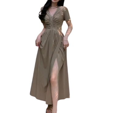 Lovito Casual Plain Split Ruched Button Front Dress for Women LNE13092 (Khaki)