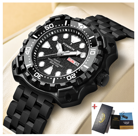 LIGE Original Men Stainless Anti-Rust Waterproof Luminous Business Watch  STEEL ALL BLACK