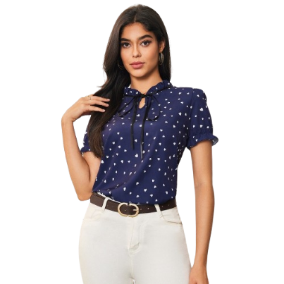 Lovito Women Casual Polka Dot Lace Up Pattern Blouse LBA05043 (Dark Blue)