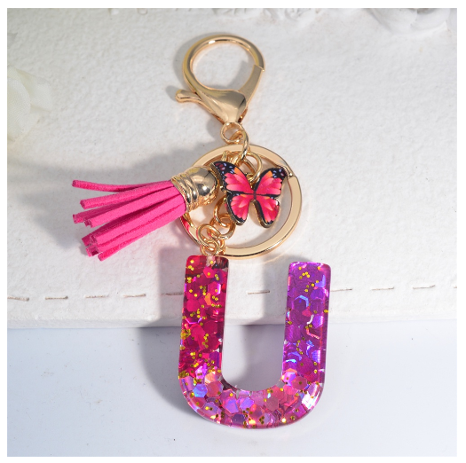 Fashion Gradient A-Z Letter Keychains Sweet Butterfly Tassels Pendant Alphabet Keyrings Name Initials Key Chains Accessories U