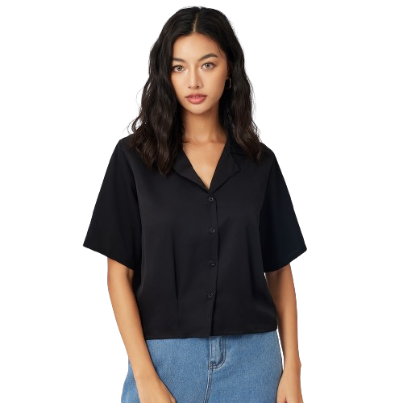 Lovito Casual Plain Ruffle Collar Short Sleeve Blouses For Women L21AS078 (Black)