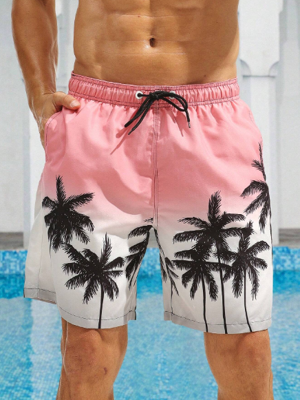 Men's Summer Palm Tree Printed Drawstring Waist Beach Shorts