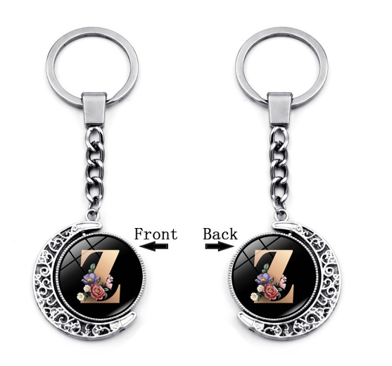 1PC Exquisite 26 Letter Glass Keychains Double Sides Moon Flower A-Z Initials Keyrings Handbag Charms Ornaments Gifts Z