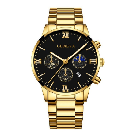 GENEVA High Quality Luxury Silver Mens Full Steel Business Quartz Wacthes Mens Original Waterproof Fashion Wristwatch Men Watch Relo GOLD BLACK