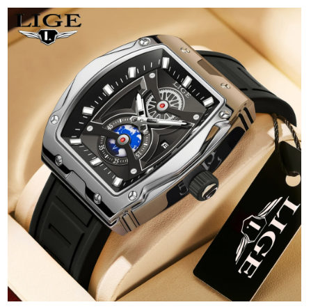 LIGE Business Relo Men Original Fashion Steel Solid Square WristWatch Casual Sport Waterproof Luminous Quartz Watch BLACK