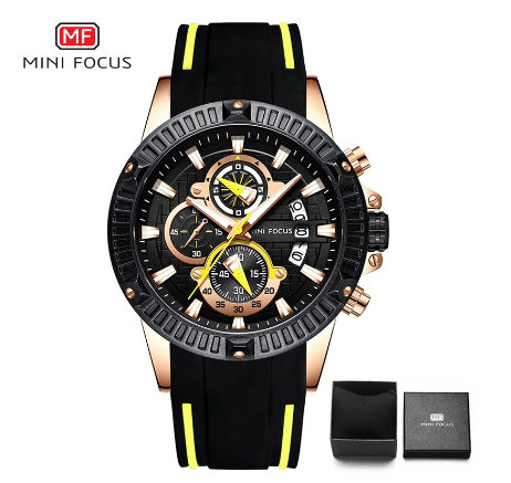 Mini Focus Watch Men Analog Quartz Multifunction Sports Chronograph Waterproof Silicone Fashion Watch GOLD BLACK