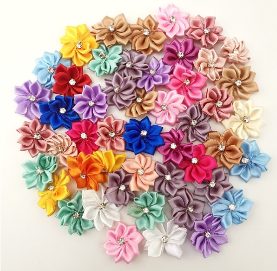 50Pcs/Pack 2.8CM Satin Ribbon Flowers With Crystal Bows Rose For Craft Sewing Wedding Appliques Crafts Decoration