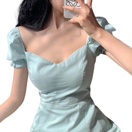Lovito Women Puff Sleeves Dress LNA37165 (Mint Green)