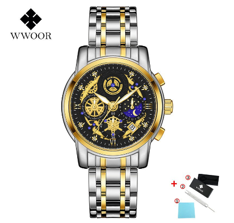 Wwoor Watch Stainless Steel Luxury Waterproof Sports Quartz Wristwatch For Men's Watch BLACK DIAL TWO TONE