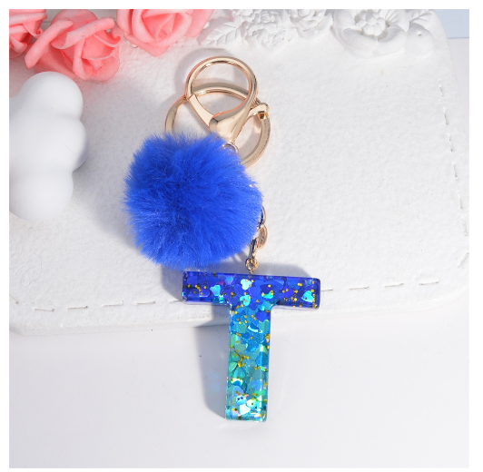Exquisite Blue Pompom A-Z 26 Letter Keychain Glitter Heart Sequin Filled Initials Keyrings Bag Accessories Charm Car Keyholder T