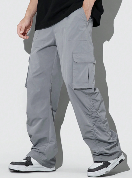 Manfinity Homme Men Solid Color Cargo Pocket Loose Straight Casual Pants