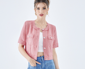 Lovito Casual Plain Button Tweed Crop Blazer for Women L49ED059 Pink