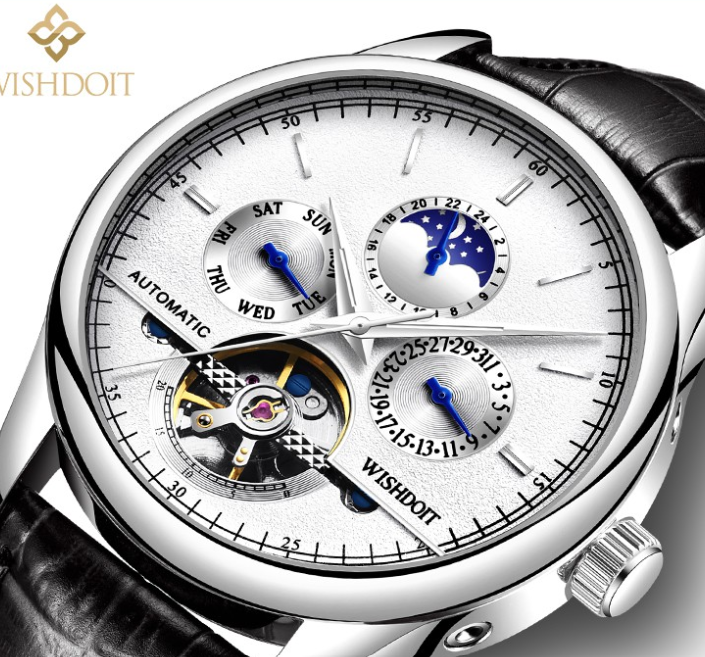 WISHDOIT Watch For Men Original Waterproof Leather Strap Business Fashion Luminous Automatic Mechanical Wristwatch  BLACK WHITE