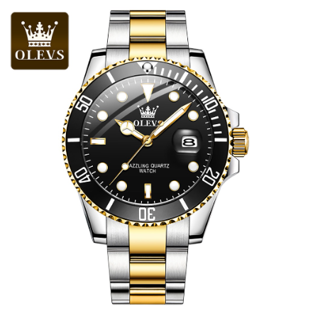 Olevs Watch For Men Waterproof Silver Green Relo With Box Luxury Business Luminous Stainless Steel Wrist Watches BLACK DIAL TWO TONE STRAP