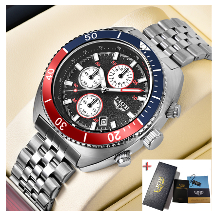 LIGE Dial Diameter Watch Fashion Men Waterproof Watches Stainless Steel Sport Chronograph Quartz Brand WristWatch SILVER RED