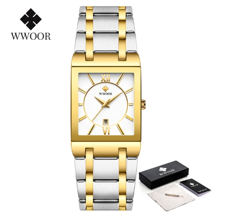 Wwoor Gold Bracelet Watches Men Gevena Square Clock Male Stainless Steel Waterproof Auto Date Quartz Watch WHITE DIAL TWO TONE OF GOLD SILVER