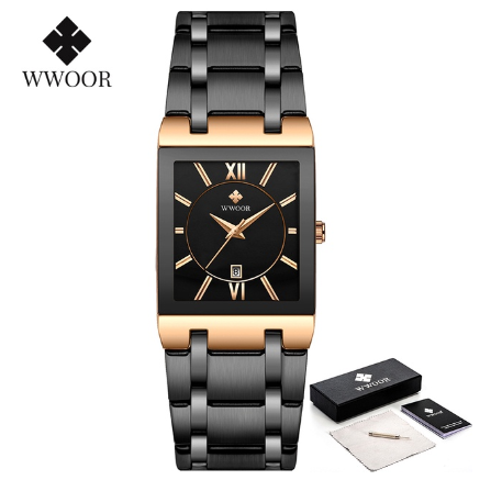 Wwoor Gold Bracelet Watches Men Gevena Square Clock Male Stainless Steel Waterproof Auto Date Quartz Watch BLACK DIAL ROSEGOLD CASE BLACK STRAP