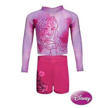 Disney Princess Pink Cropped Long Sleeved Rashguard Boyleg Set Girls Kids Swimwear