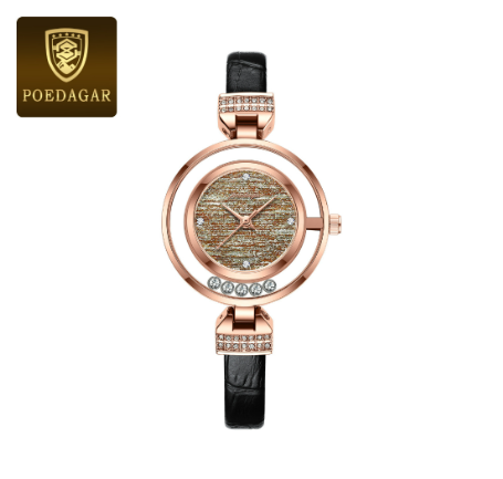 POEDAGAR genuine leather watch for women original waterproof korean style 2023 new fashion elegant diamond double ring dial design ROSEGOLD