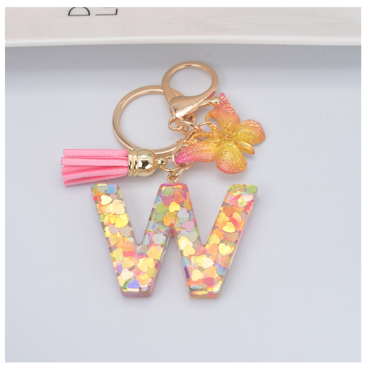 Exquisite 26 Letter Resin Keychain with Pink Tassel Gradient Butterfly Pendant Key Ring Women Bag Ornaments Accessories W